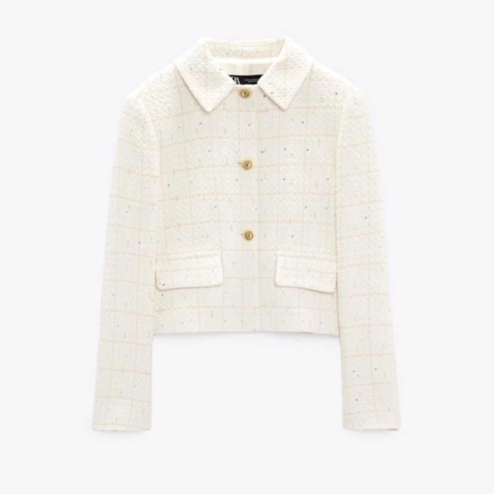 Zara White Textured Tweed Cropped Jacket